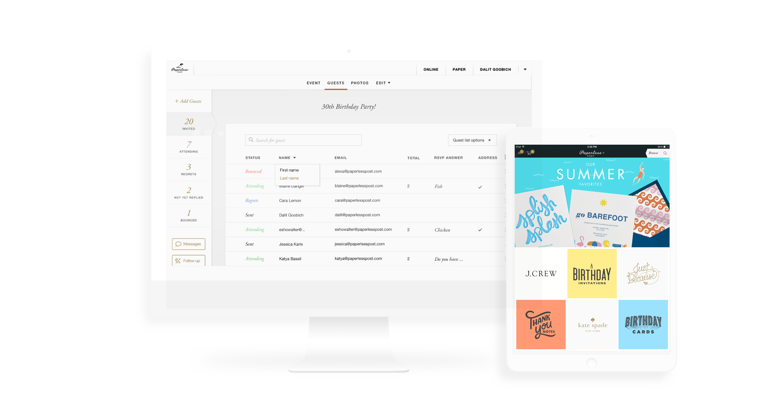 Paperless Post desktop product showing invitation editor and management interface